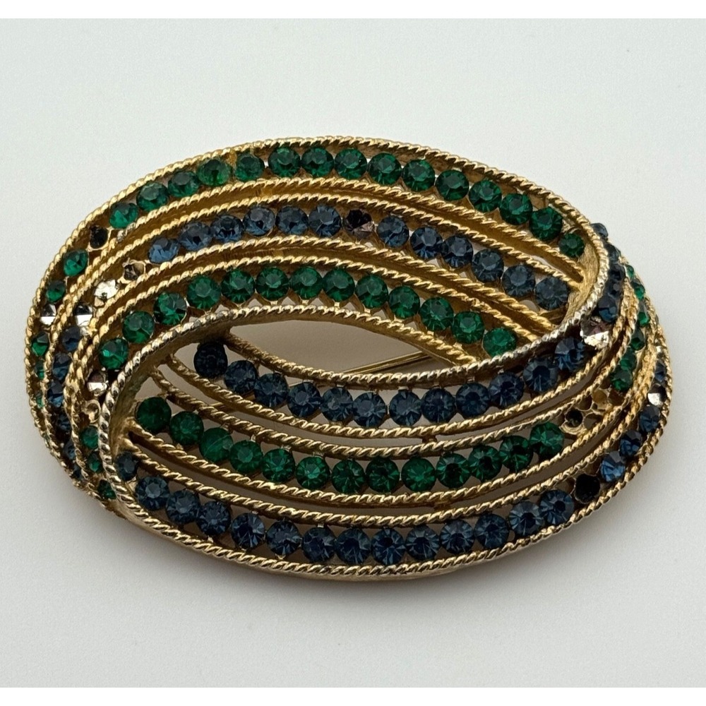 Vintage Trifari Gold Tone Blue and Green Rhinestone Brooch AS IS For Repair